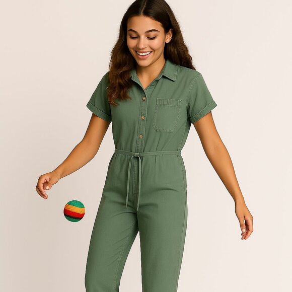 Cat & Jack Girls Green Cotton Button-Up Belted Jumpsuit Size L 10-12 - Picture 2 of 6